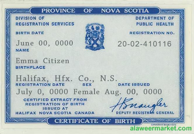 Canada Province of Nova Scotia birth certificate template in PSD format